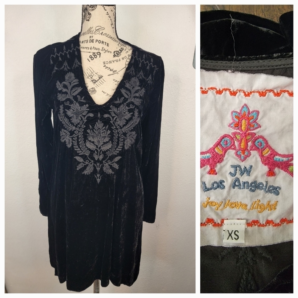 Johnny Was Mini Dress Velvet Silk XS Long Sleeve Black Fairygrunge Whimsygoth